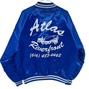 Vintage 80s 90s Royal Blue Satin Bomber Jacket Atlas Riverfront Truck Logo XL